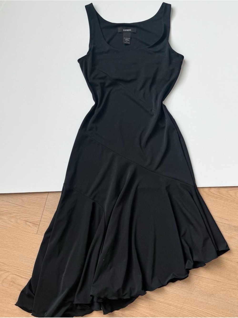 Y2K Express Black Dress Midi Asymmetrical Minimalist Vintage 90s Small